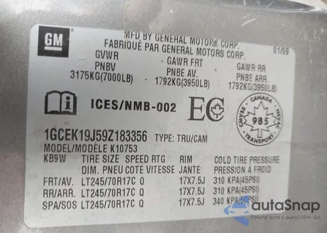 2009 Chevrolet Silverado 1500 Work Truck from USA, damaged, VIN 1GCEK19J59Z183356